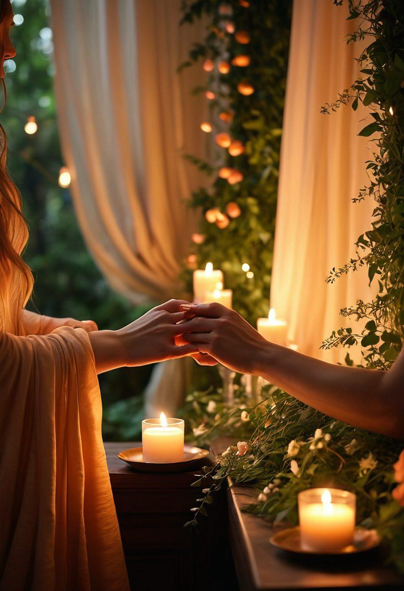A romantic setting with a soft glow of candlelight, showcasing two hands gently touching, with a backdrop of lush greenery and elegant drapery. The atmosphere is infused with warm colors and subtle textures, suggesting intimacy and connection. Include delicate flowers and twinkling fairy lights to enhance the mood. super-realistic. vibrant colors. soft focus.