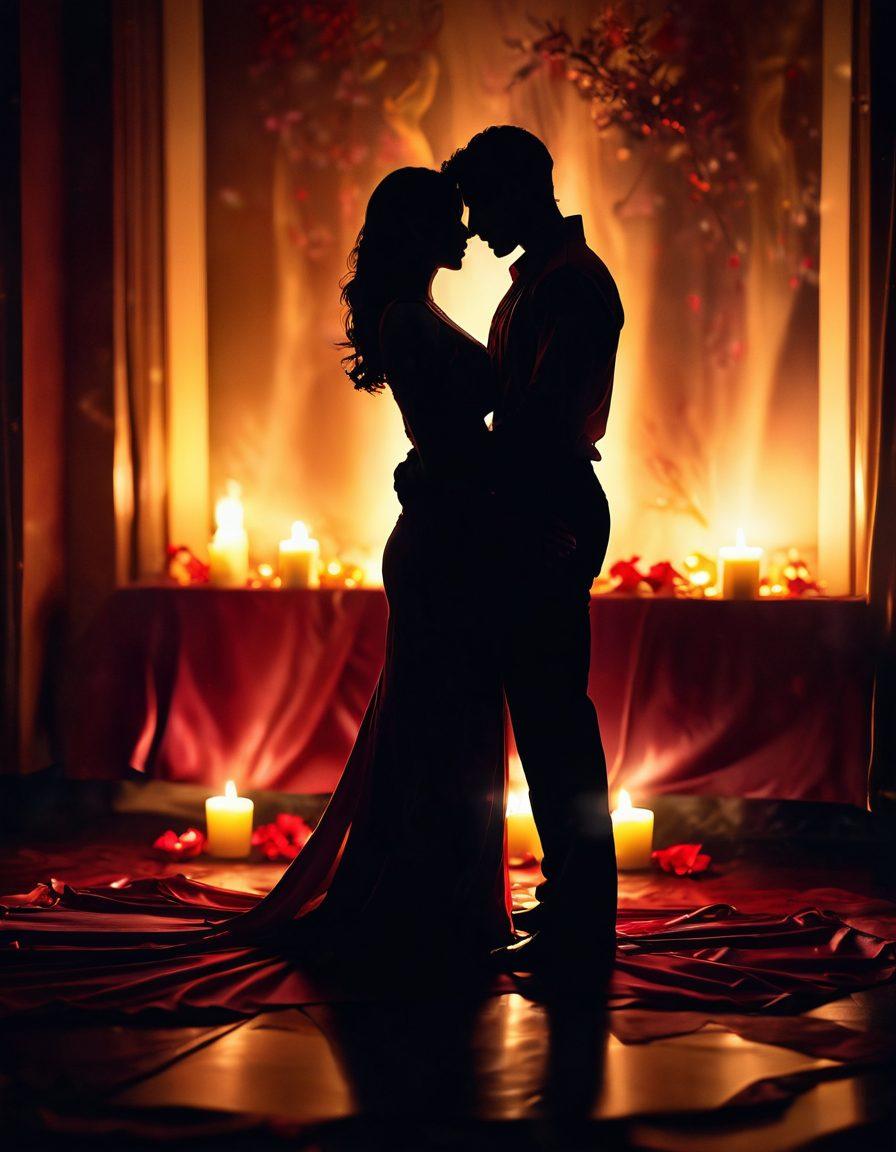 A sultry silhouette of a couple embracing, surrounded by soft, glowing candlelight that creates an intimate atmosphere. Lush red and gold hues symbolize passion and warmth, with delicate rose petals scattered on a silk sheet underneath them. Ethereal wisps of smoke hint at mystery and allure in the background. The overall scene evokes feelings of desire and romance, inviting viewers to explore the art of seduction. super-realistic. vibrant colors. soft focus.